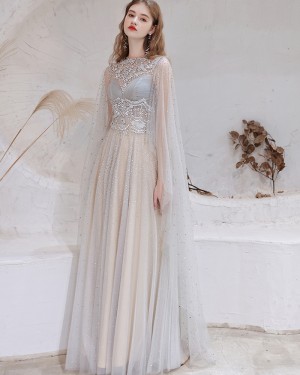 Gorgeous Beading High Neck Tulle Evening Dress with Cape Sleeves HG571016