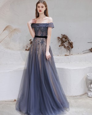 Beading Off the Shoulder Navy Blue Evening Dress HG611017