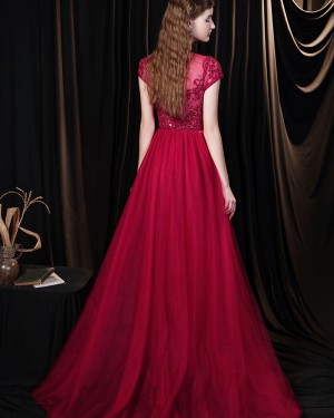 Beading Jewel Neck Red Tulle Evening Dress with Short Sleeves HG691023