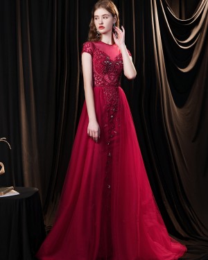 Beading Jewel Neck Red Tulle Evening Dress with Short Sleeves HG691023