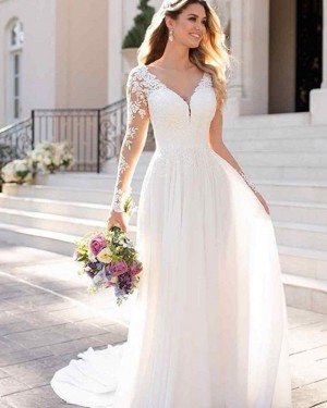 Lace Applique Pleated V-neck White Sheath Wedding Dress with Long Sleeves NWD2115