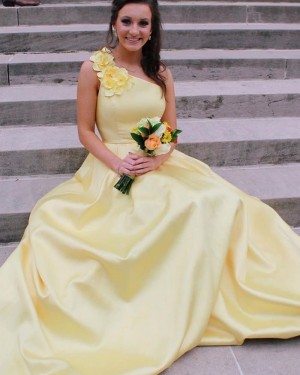 3D Flower One Shoulder Appliqued Yellow Satin Prom Dress PD1629