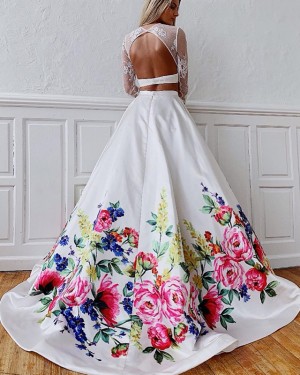Floral Print Jewel Two Piece Prom Dress with Lace Long Sleeves PD1632