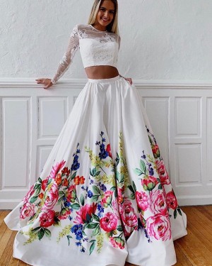 Floral Print Jewel Two Piece Prom Dress with Lace Long Sleeves PD1632