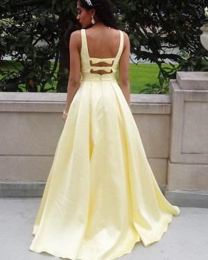 Deep Yellow Satin V-neck Simple Prom Dress with Pockets PD1634