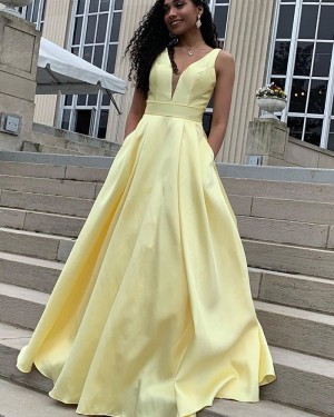 Deep Yellow Satin V-neck Simple Prom Dress with Pockets PD1634