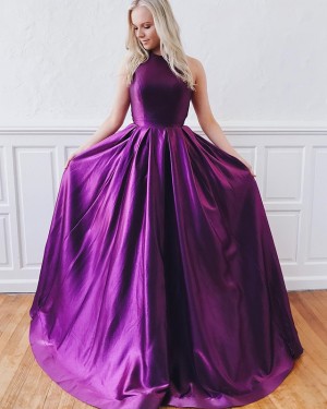Simple A-line Jewel Purple Satin Pleated Prom Dress PD1637