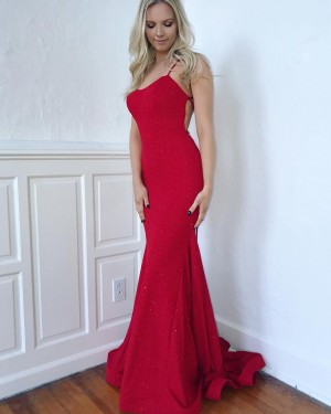 Sparkle Red Spaghetti Straps Mermaid Prom Dress PD1640
