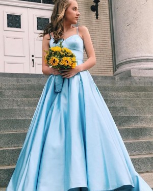 Light Blue Satin Spaghetti Straps Simple Prom Dress PD1641