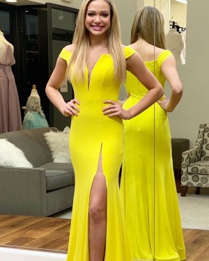 Simple Yellow Off the Shoulder Chiffon Mermaid Prom Dress with Side Slit PD1651