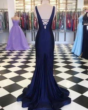 Navy Blue Simple Deep V-neck Mermaid Prom Dress PD1654