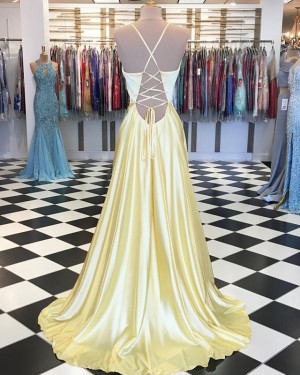 Yellow Pleated Satin Spaghetti Straps Prom Dress with Side Slit PD1658