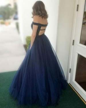 Navy Blue Beading Bodice Off the Shoulder Tulle Prom Dress PD1662