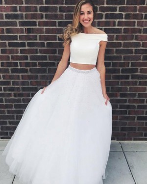 Two Piece Tulle Beading SkirtOff the Shoulder White Prom Dress PD1663