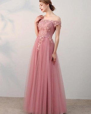 Blush Pink Appliqued Bodice Off the Shoulder Tulle Prom Dress PD1665