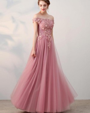 Blush Pink Appliqued Bodice Off the Shoulder Tulle Prom Dress PD1665