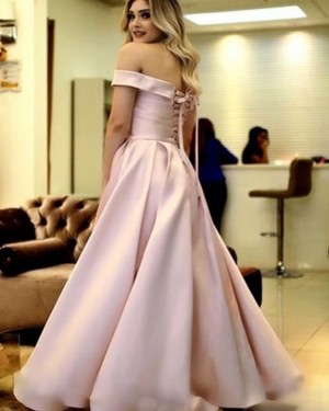 Light Pink Satin Simple Off the Shoulder Pleated Prom Dress PD1666