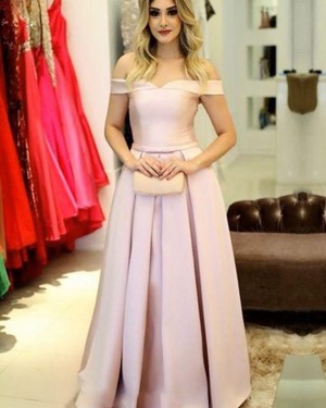 Light Pink Satin Simple Off the Shoulder Pleated Prom Dress PD1666