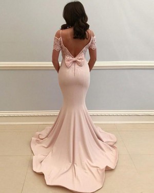 Pearl Pink Satin Cold Shoulder Prom Dress with Lace Short Sleeves PD1667