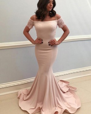 Pearl Pink Satin Cold Shoulder Prom Dress with Lace Short Sleeves PD1667