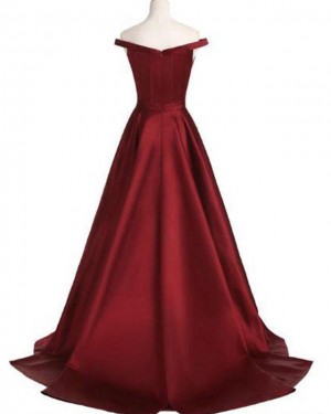 Burgundy Pleated Off the Shoulder Satin Prom Dress PD1668