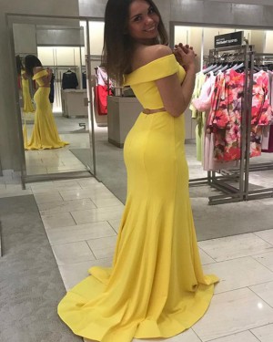 Off the Shoulder Yellow Simple Two Piece Satin Mermaid Prom Dress PD1673
