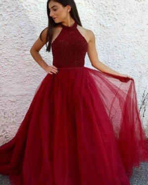 Red Beading Bodice High Neck Tulle Prom Dress PD1674