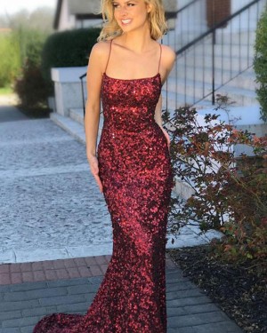 Rose Red Sequin Spaghetti Straps Mermaid Prom Dress PD1676