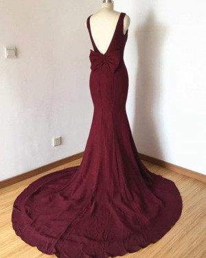 Simple Satin Mermaid Jewel Burgundy Prom Dress with Bowknot PD1678