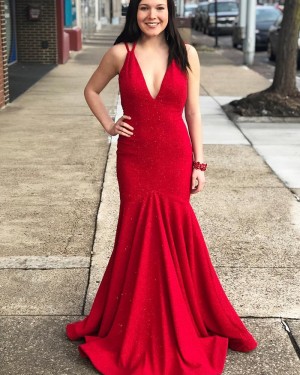 Sparkle Red Double Spaghetti Straps Mermaid Prom Dress PD1689