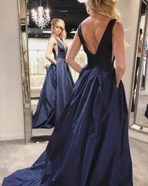 Simple Navy Blue Satin Pleated Deep V-neck Prom Dress with Pockets PD1694