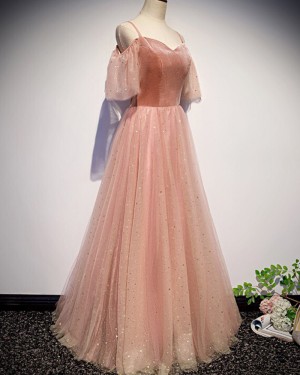 Peach Pink Cold Shoulder Sparkle Tulle Pleated Prom Dress PD1695