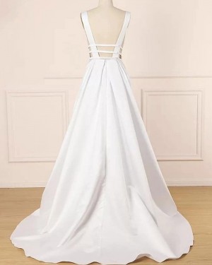 Simple Pleated Deep V-neck White Satin Prom Dress PD1699