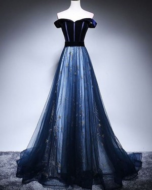 Navy Blue Off the Shoulder Sparkle A-line Prom Dress PD1703