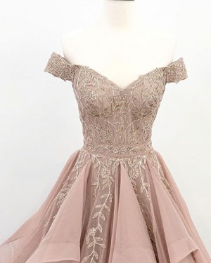 Beading Appliqued Off the Shoulder Nude Pleated Ruffled Evening Dress PD1704