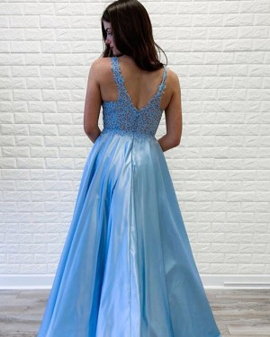 Blue Satin V-neck Appliqued Bodice Prom Dress PD1706