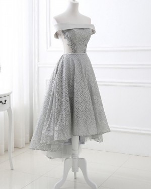 Silver Sequin Off the Shoulder Lace High Low Formal Dress PD1707