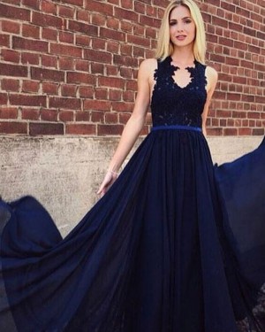 Navy Blue V-neck Lace Appliqued Bodice A-line Prom Dress PD1708