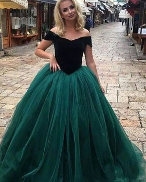 Black & Green Off the Shoulder Evening Gown PD1709