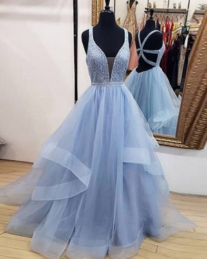 Sky Blue Ruffled V-neck Beading Bodice Tulle Prom Dress PD1711