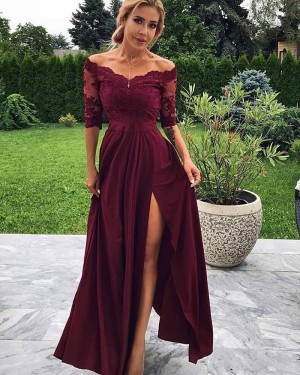 Lace Bodice Side Slit Off the Shoulder Burgundy Prom Dress with Half Length Sleeves PD1715