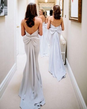 Simple Strapless Dusty Blue Mermaid Bridesmaid Dresses with Bowknot PD1722