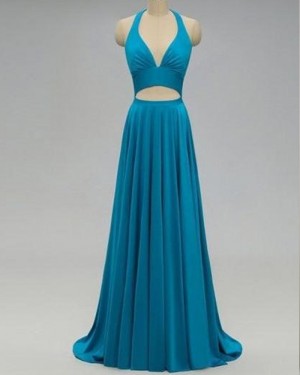 Pleated Halter Satin Cutout Formal Dress with Open Back PD1723
