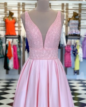 Pearl Pink Pleated V-neck Beading Bodice Prom Dress PD1738