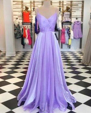 Lavender Tulle Spaghetti Straps Ruched Simple Prom Dress PD1740