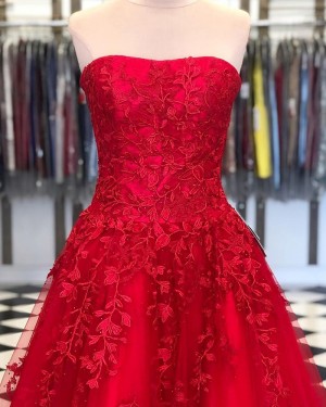 Red Strapless Appliqued Tulle Prom Dress PD1741