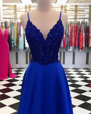 Royal Blue V-neck Beading Bodice Satin Prom Dress with Side Slit PD1743