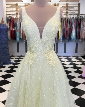 Light Yellow Deep V-neck Appliqued Sparkle Prom Dress PD1746
