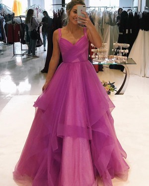 Square Purple Ruffled Sparkle Tulle Prom Dress PD1752