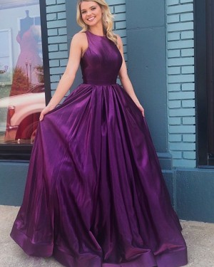 Simple Satin Jewel Purple Pleated Prom Dress PD1755